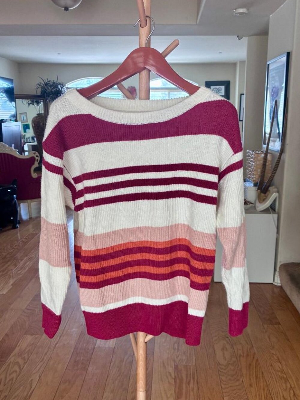 Women's Knit Pullover Sweater, Roomy Size Small, Orange, Pink & Cream Stripes